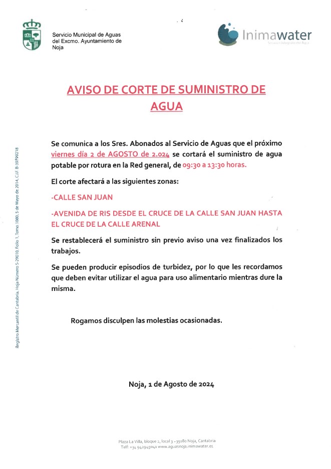 Noticias de Cantabria | El Cántabro | AVISO DE CORTE DE SUMINISTRO DE AGUA - 2 DE AGOSTO